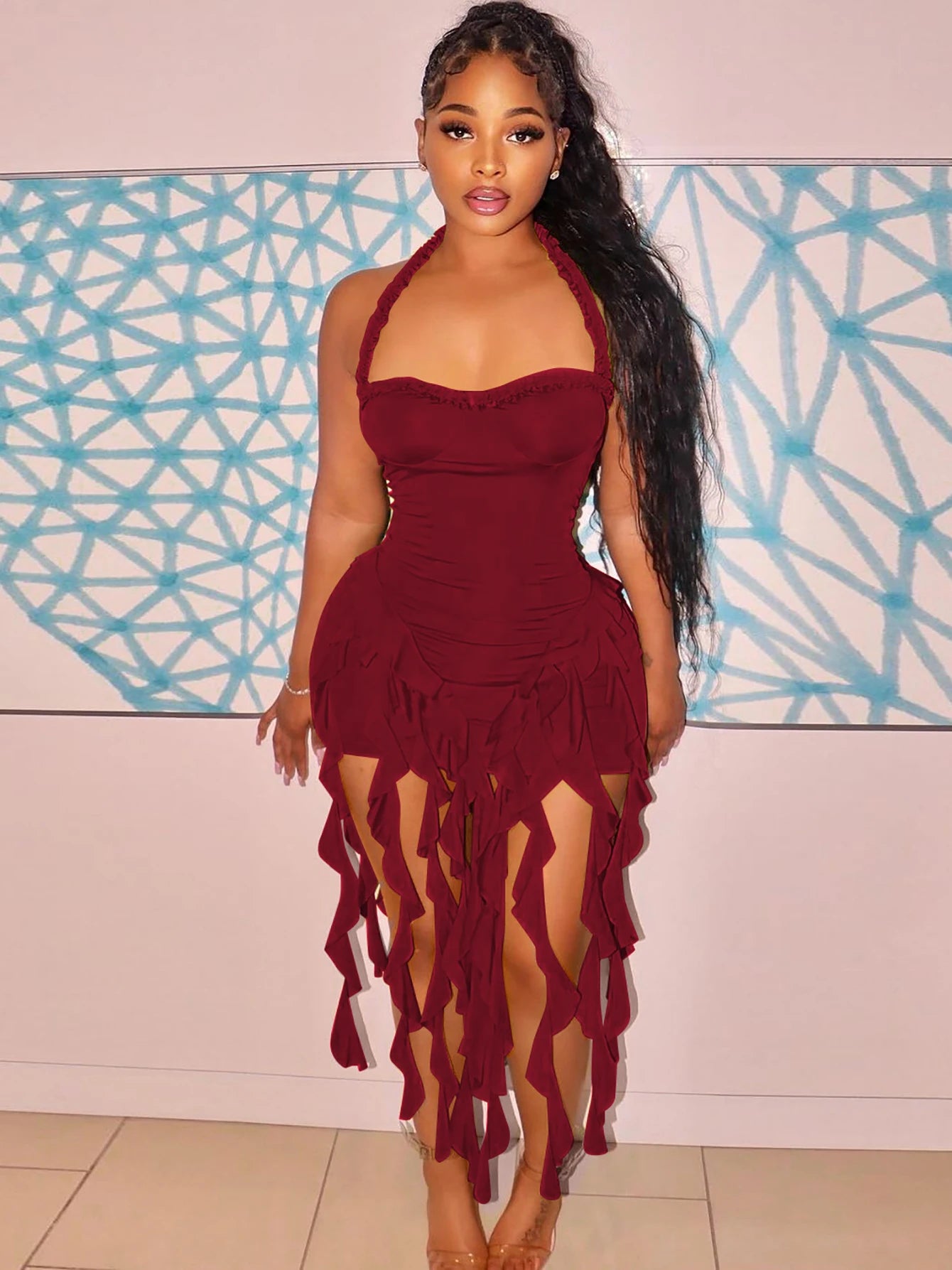 Hugcitar Elegant Halter Solid Ruffles Dress