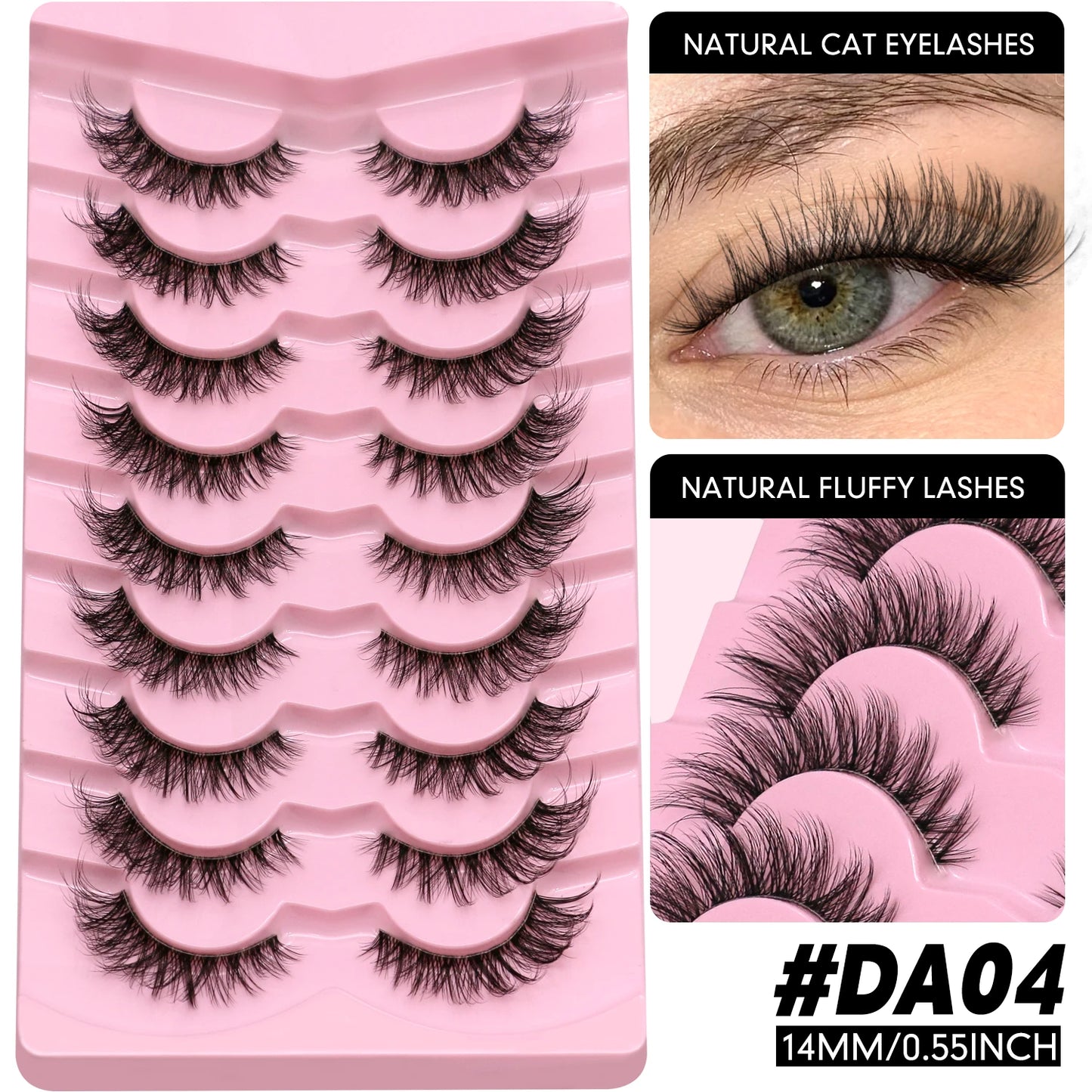 LASVIREY Fluffy Cat Eye Lashes Natural Mink displayed in a tray with various styles and a model's eye showcasing the lashes.