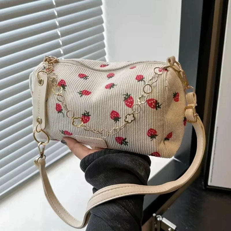 Women Small Underarm Bag Corduroy Handbag Cute Strawberry Print Little Tote Half Moon Design Eco Cloth Purse Mini Shoulder Bags