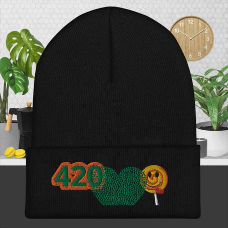 Shop 420 Cannabis Clothing IM P E R K Y - black beanie featuring 420 design with heart and lollipop illustration.
