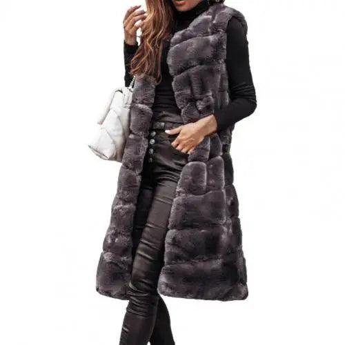 2021 Women Vest Coat Faux Fur Horizontal Stripe Open Stitch Long Winter Jacket Sleeveless Solid Round Neck Thick Outerwear Daily - Lady Vals Vanity