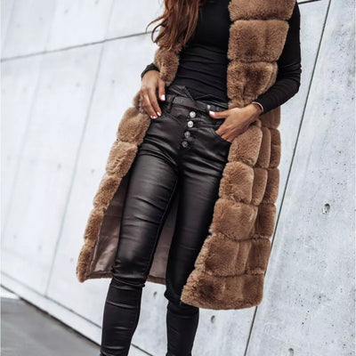 2021 Women Vest Coat Faux Fur Horizontal Stripe Open Stitch Long Winter Jacket Sleeveless Solid Round Neck Thick Outerwear Daily - Lady Vals Vanity