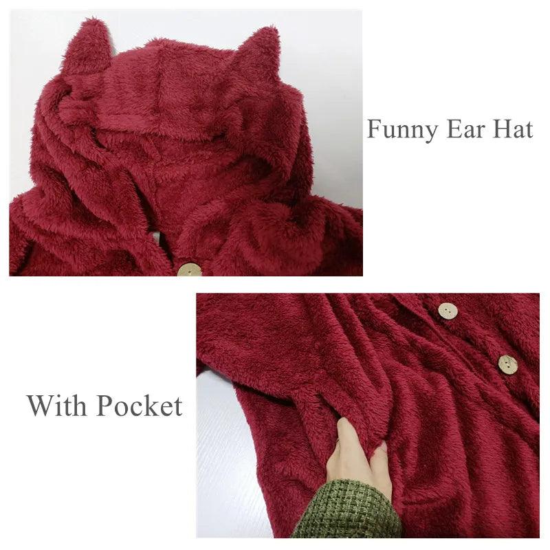 2020 Women's coat Winter Plus Velvet Sports Winter Cute Cats Ears Hooded Irregular Hem Buttons Jacket Fleece Coat Christmas gift - IM PERKY Boutique