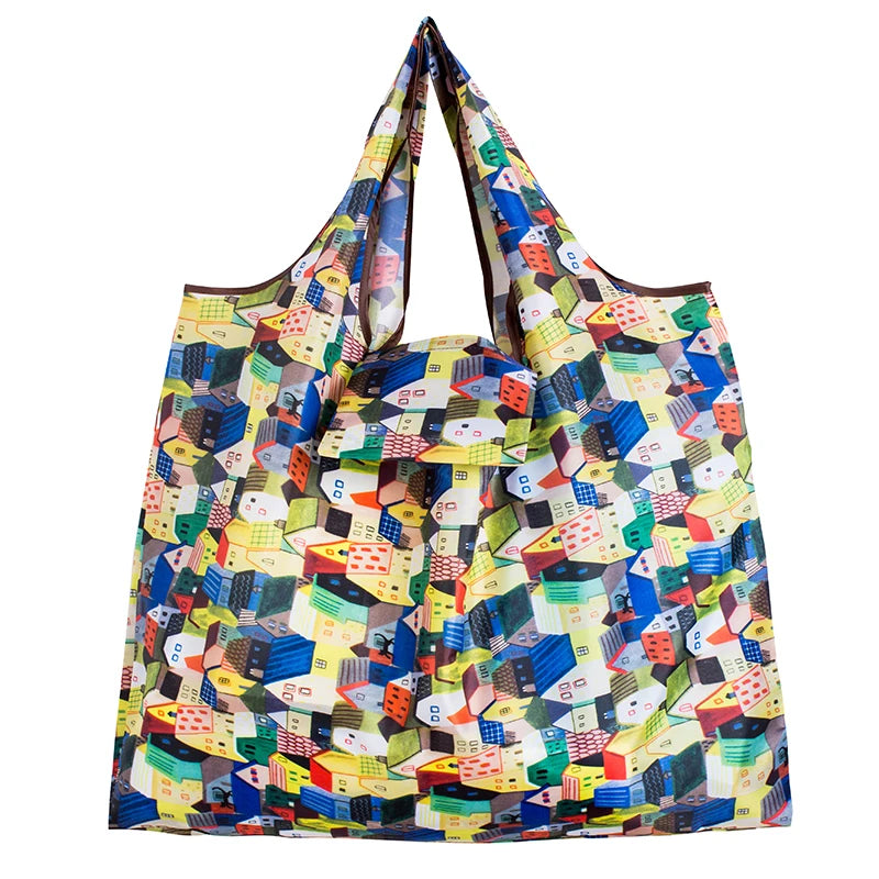 Big Size Thick Nylon Large Tote ECO Reusable in colorful geometric design for shopping and everyday use.