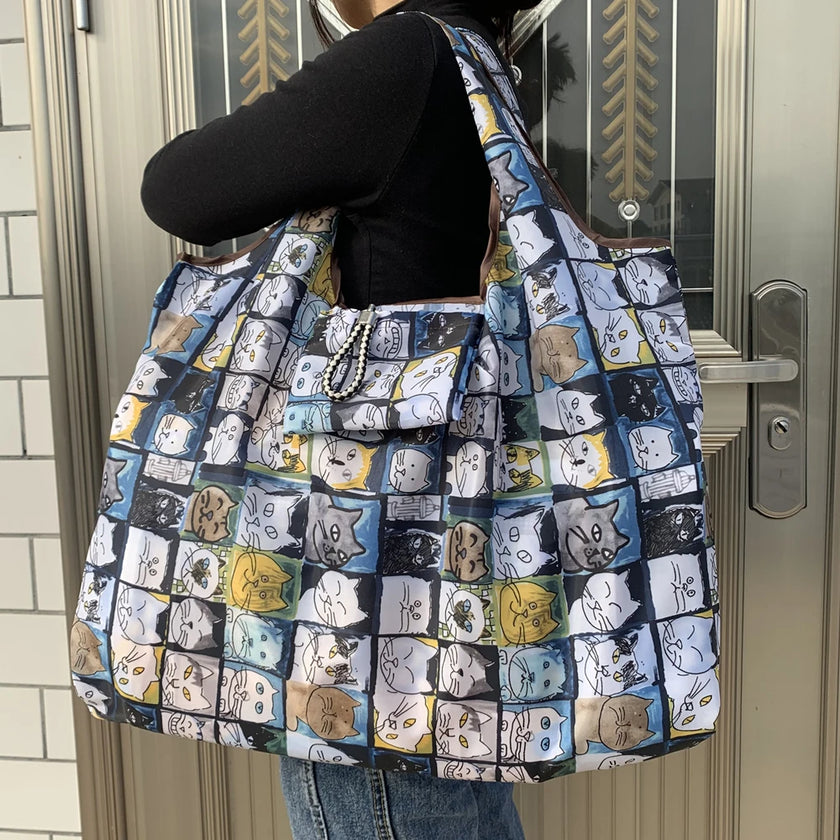 Big Size Thick Nylon Large Tote ECO Reusable featuring a colorful cat print design.
