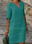 Vintage Women Solid Mini Dress Summer Fashion V-neck