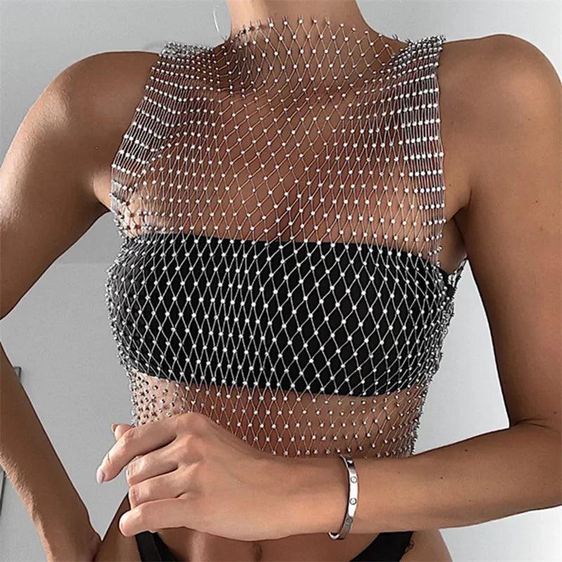 Women's Fishnet Rhinestone Crop Top 2023 Summer Sexy Mesh High Elastic Black White Shirt Net See Through Rave Diamond Tank Top - IM PERKY Boutique