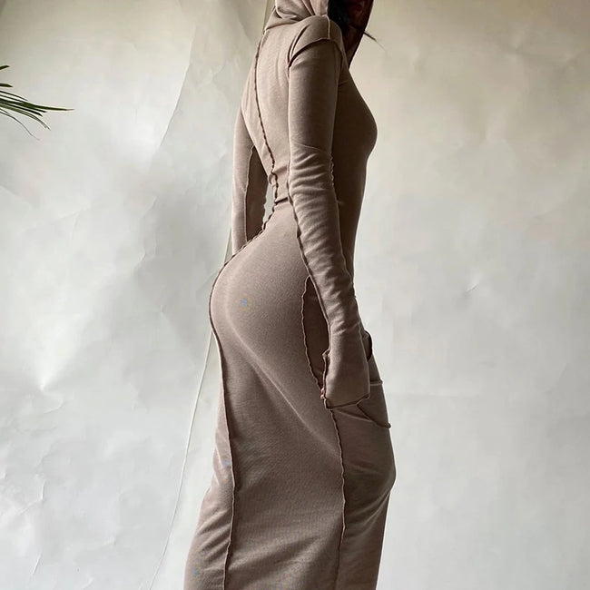 2023 Long Sleeve Hooded Patchwork Skinny Maxi Dress