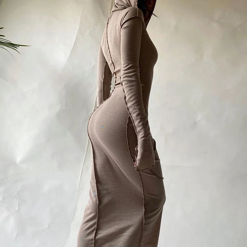 2023 Long Sleeve Hooded Patchwork Skinny Maxi Dress
