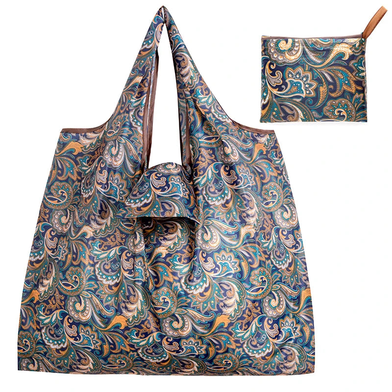 Big Size Thick Nylon Large Tote ECO Reusable in colorful paisley design with matching pouch.