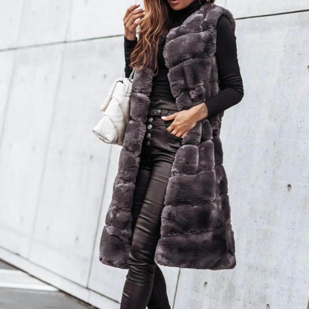 2021 Women Vest Coat Faux Fur Horizontal Stripe Open Stitch Long Winter Jacket Sleeveless Solid Round Neck Thick Outerwear Daily - Lady Vals Vanity