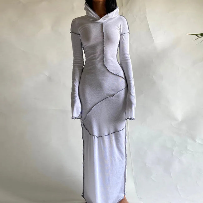 2023 Long Sleeve Hooded Patchwork Skinny Maxi Dress