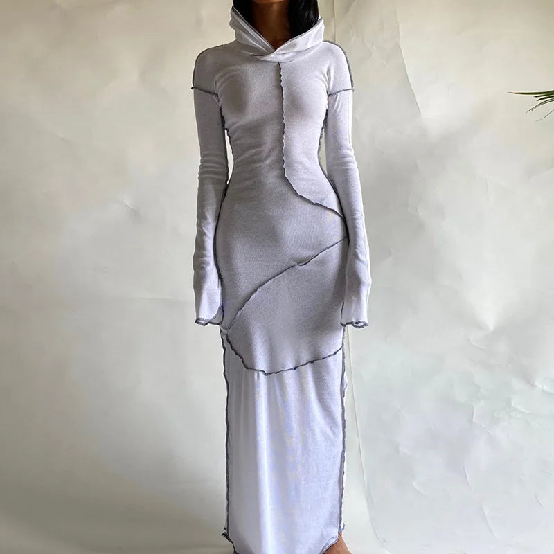 2023 Long Sleeve Hooded Patchwork Skinny Maxi Dress