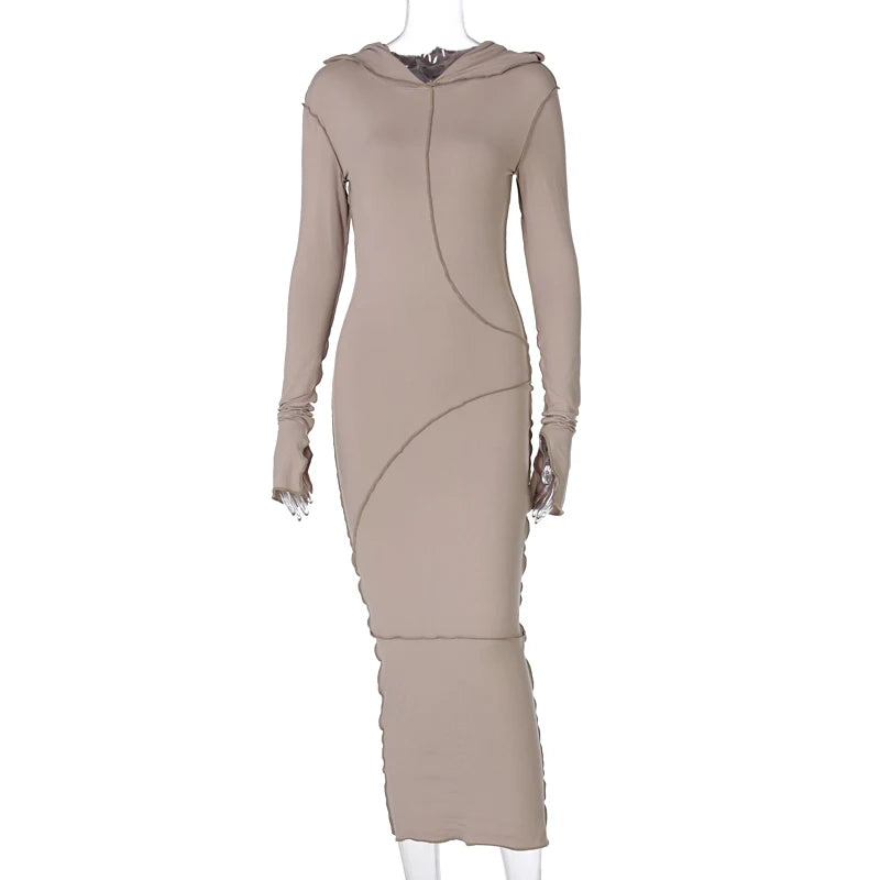 2023 Long Sleeve Hooded Patchwork Skinny Maxi Dress