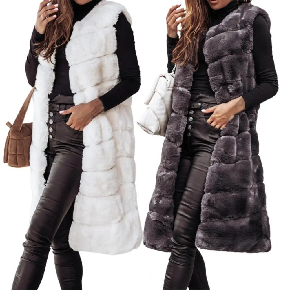 2021 Women Vest Coat Faux Fur Horizontal Stripe Open Stitch Long Winter Jacket Sleeveless Solid Round Neck Thick Outerwear Daily - Lady Vals Vanity