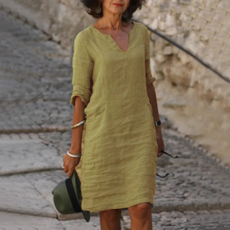 Vintage Women Solid Mini Dress Summer Fashion V-neck
