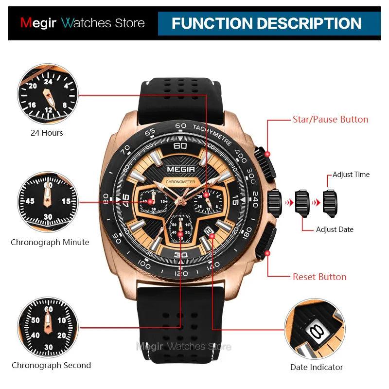 Megir Males Mens Chronograph Sport Watches with Quartz Movement Rubber Band Luminous Wristwatch for Man Boys 2056G-1N0 - Lady Vals Vanity