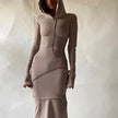 2023 Long Sleeve Hooded Patchwork Skinny Maxi Dress