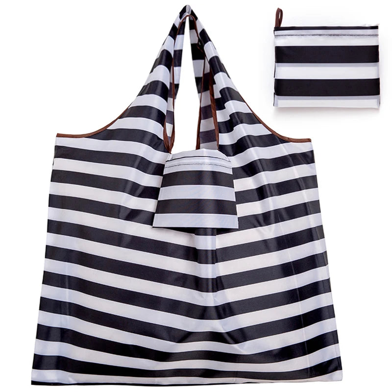 Big Size Thick Nylon Large Tote ECO Reusable in black and white stripes with matching portable pouch.