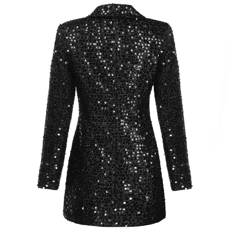 High Quality Fashion 2021 Designer Blazer Women Double Lion Buttons Shawl Collar Glitter Sequined Long Runway Black Blazers - Lady Vals Vanity