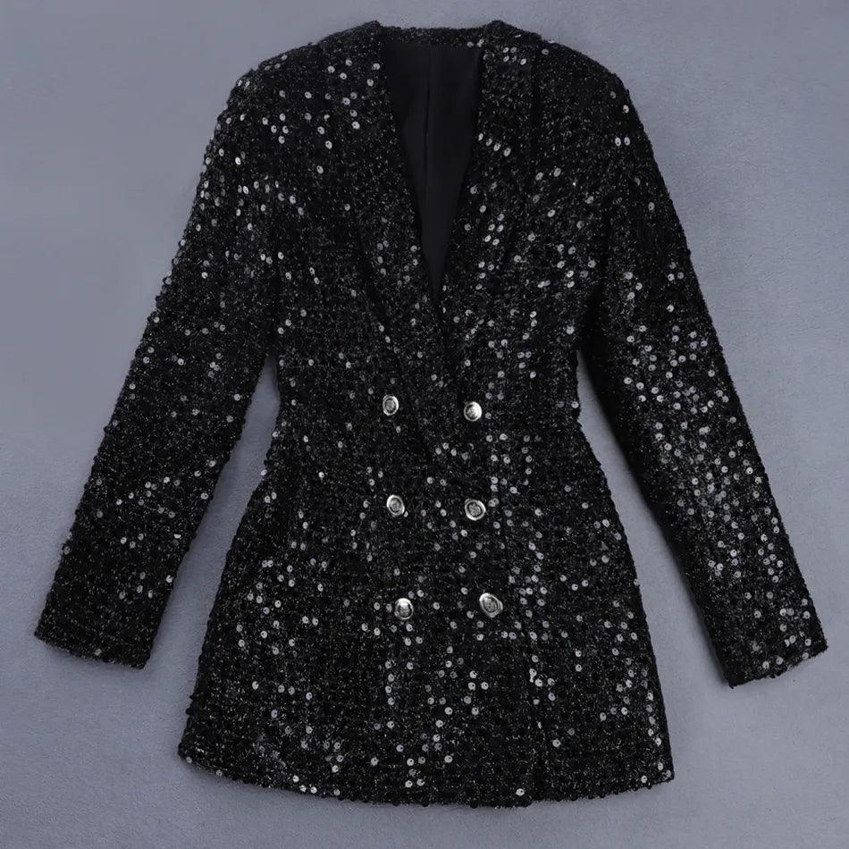 High Quality Fashion 2021 Designer Blazer Women Double Lion Buttons Shawl Collar Glitter Sequined Long Runway Black Blazers - Lady Vals Vanity