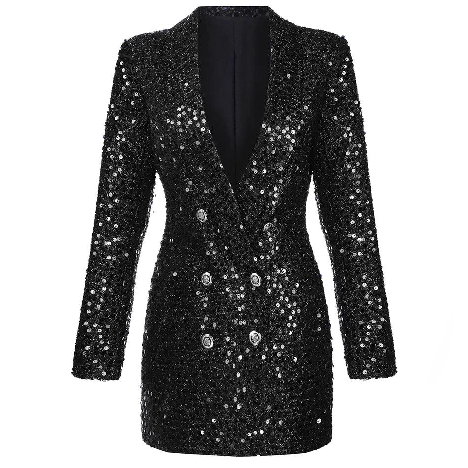 High Quality Fashion 2021 Designer Blazer Women Double Lion Buttons Shawl Collar Glitter Sequined Long Runway Black Blazers - Lady Vals Vanity