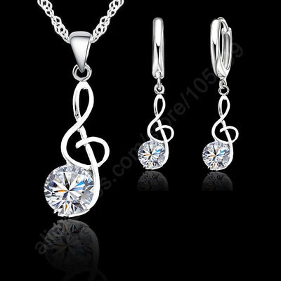 Musical Notes Jewelry Sets Real 925 Sterling Silver Cubic Zirconia Symbols Shape Pendant Necklaces Earrings Sets Gift - Lady Vals Vanity