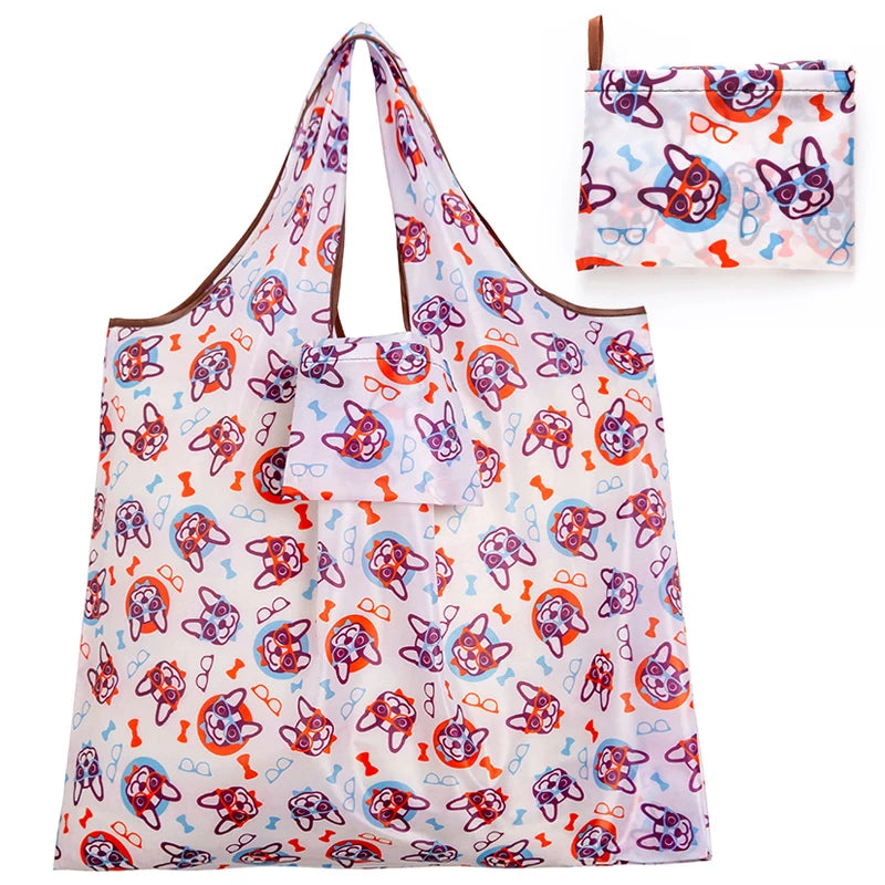 Big Size Thick Nylon Large Tote ECO Reusable with colorful dog pattern, foldable design and matching pouch.