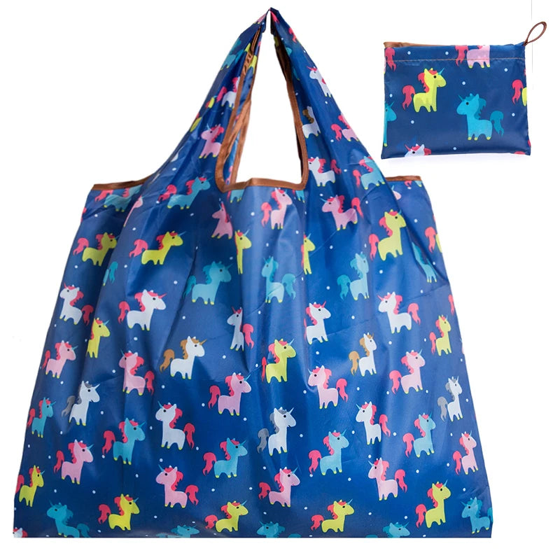 Big Size Thick Nylon Large Tote ECO Reusable featuring colorful unicorns on a blue background.