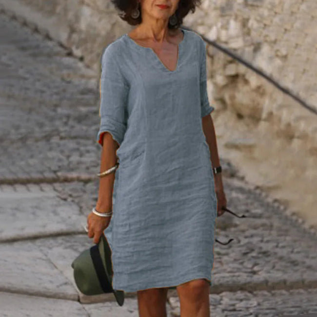 Vintage Women Solid Mini Dress Summer Fashion V-neck