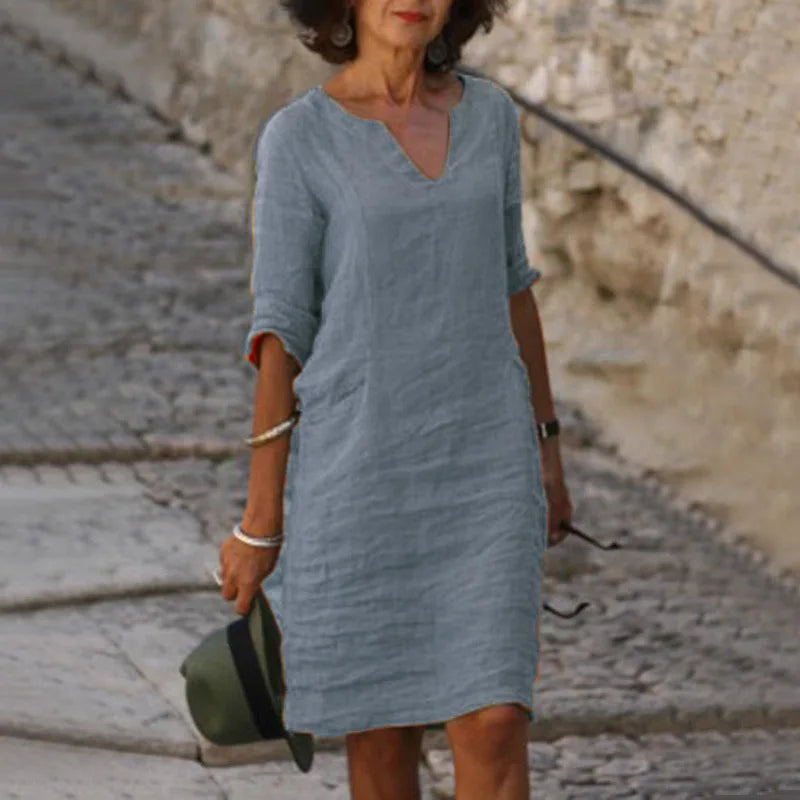 Vintage Women Solid Mini Dress Summer Fashion V-neck