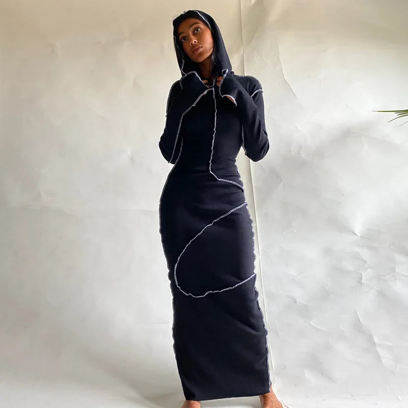 2023 Long Sleeve Hooded Patchwork Skinny Maxi Dress
