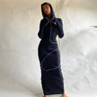 2023 Long Sleeve Hooded Patchwork Skinny Maxi Dress