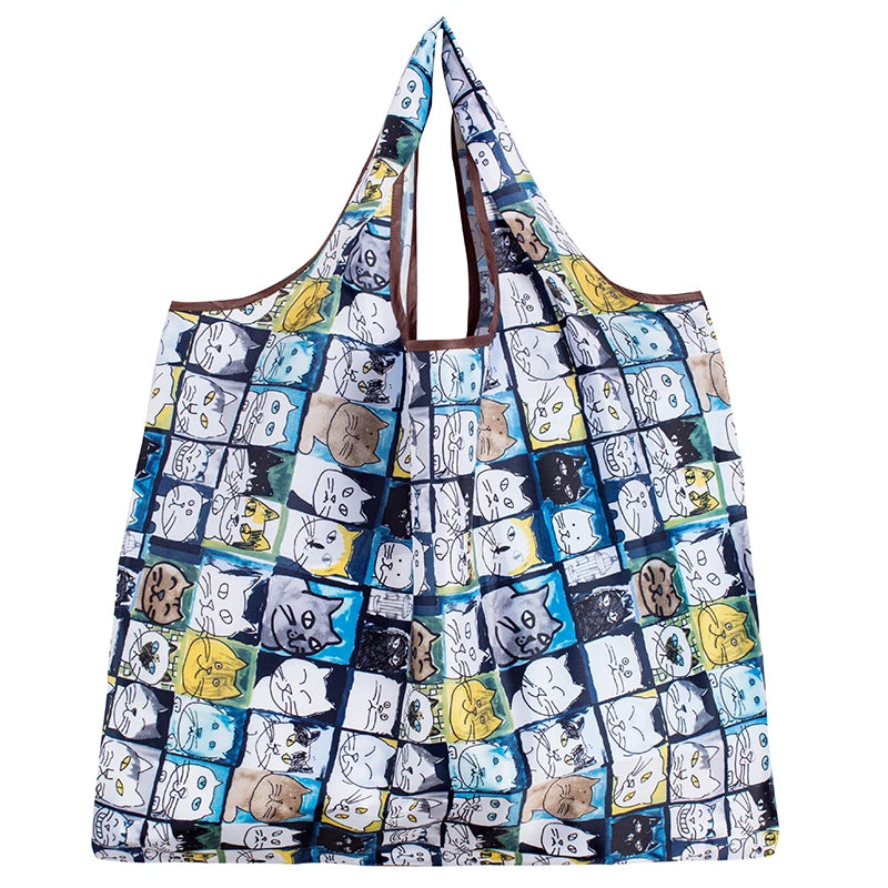 Big Size Thick Nylon Large Tote ECO Reusable with a colorful cat pattern designed for casual shopping.