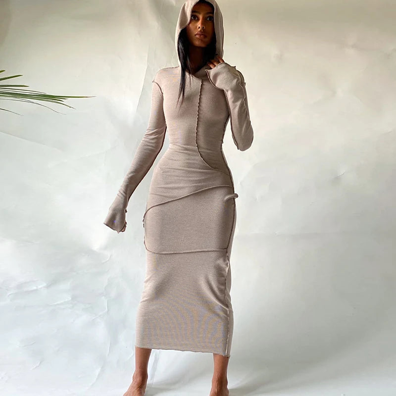 2023 Long Sleeve Hooded Patchwork Skinny Maxi Dress