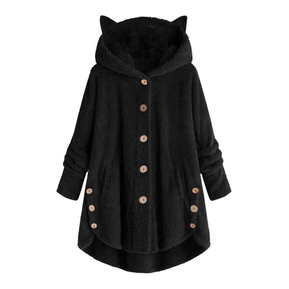 2020 Women's coat Winter Plus Velvet Sports Winter Cute Cats Ears Hooded Irregular Hem Buttons Jacket Fleece Coat Christmas gift - IM PERKY Boutique