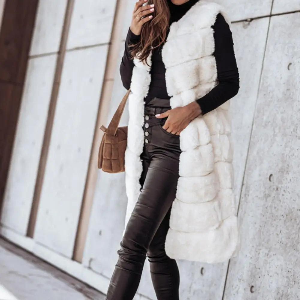 2021 Women Vest Coat Faux Fur Horizontal Stripe Open Stitch Long Winter Jacket Sleeveless Solid Round Neck Thick Outerwear Daily - Lady Vals Vanity