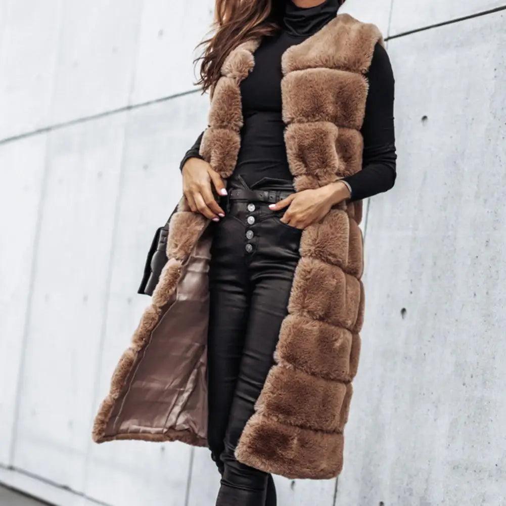 2021 Women Vest Coat Faux Fur Horizontal Stripe Open Stitch Long Winter Jacket Sleeveless Solid Round Neck Thick Outerwear Daily - Lady Vals Vanity