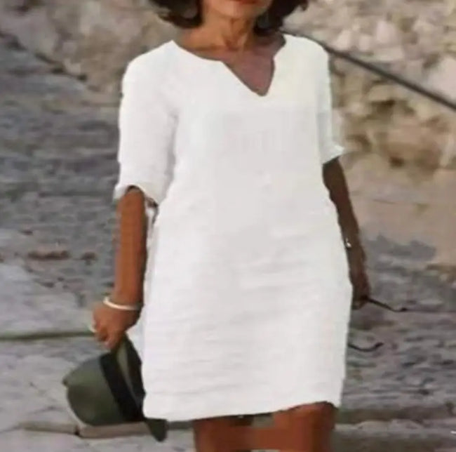 Vintage Women Solid Mini Dress Summer Fashion V-neck