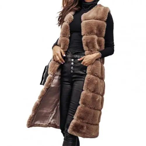 2021 Women Vest Coat Faux Fur Horizontal Stripe Open Stitch Long Winter Jacket Sleeveless Solid Round Neck Thick Outerwear Daily - Lady Vals Vanity