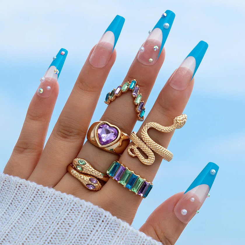 HNSP Vintage Long Snake Ring Set For Women Gothic Black Gold Silver Color Adjustable Finger Jewelry Accessories Female Gift