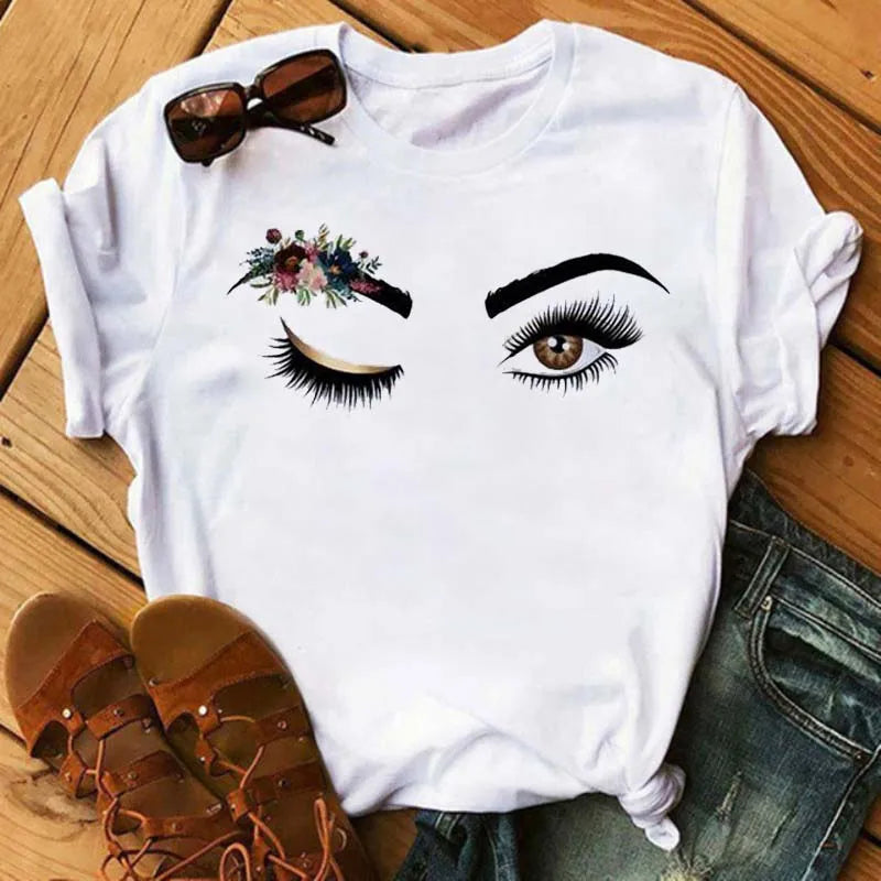 Kawaii Fashion Graphic Women Tops Eyelashes