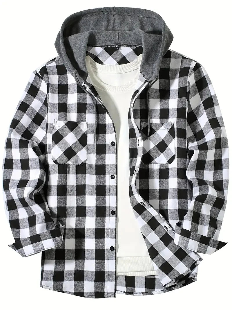 Youth Fashion Street Hooded Plaid Shirt Men's Slim Fit