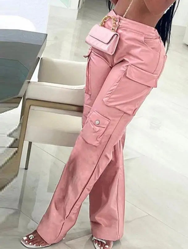 Pink Cargo Pants for Women 2025 Leather Streetwear