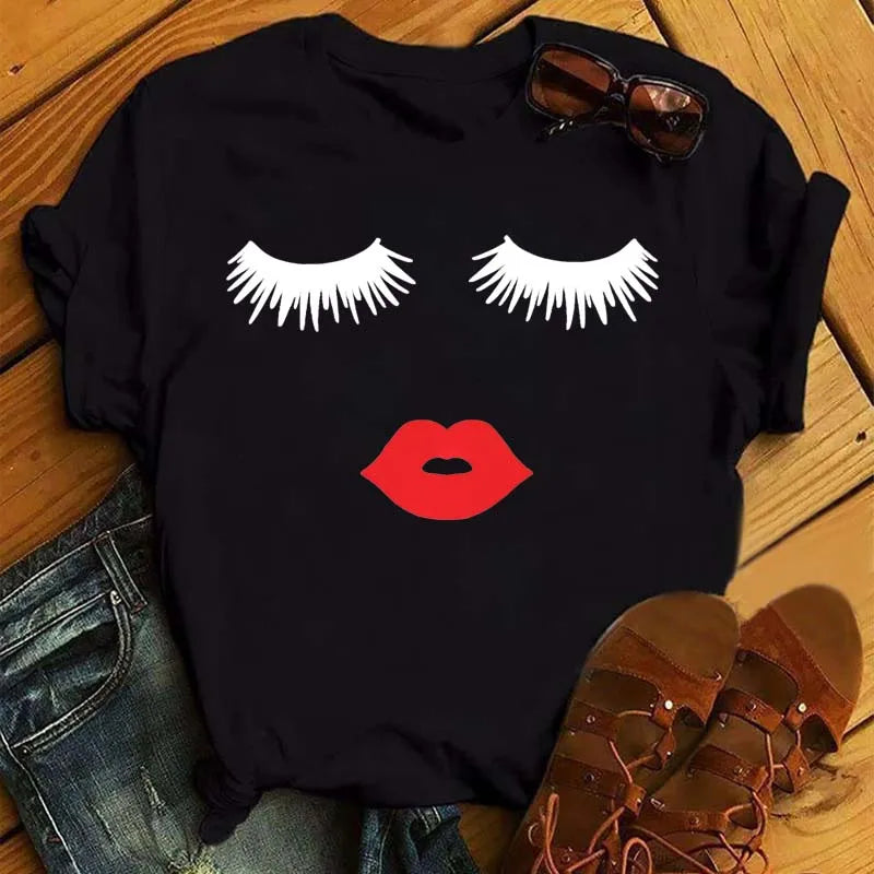 Kawaii Fashion Graphic Women Tops Eyelashes