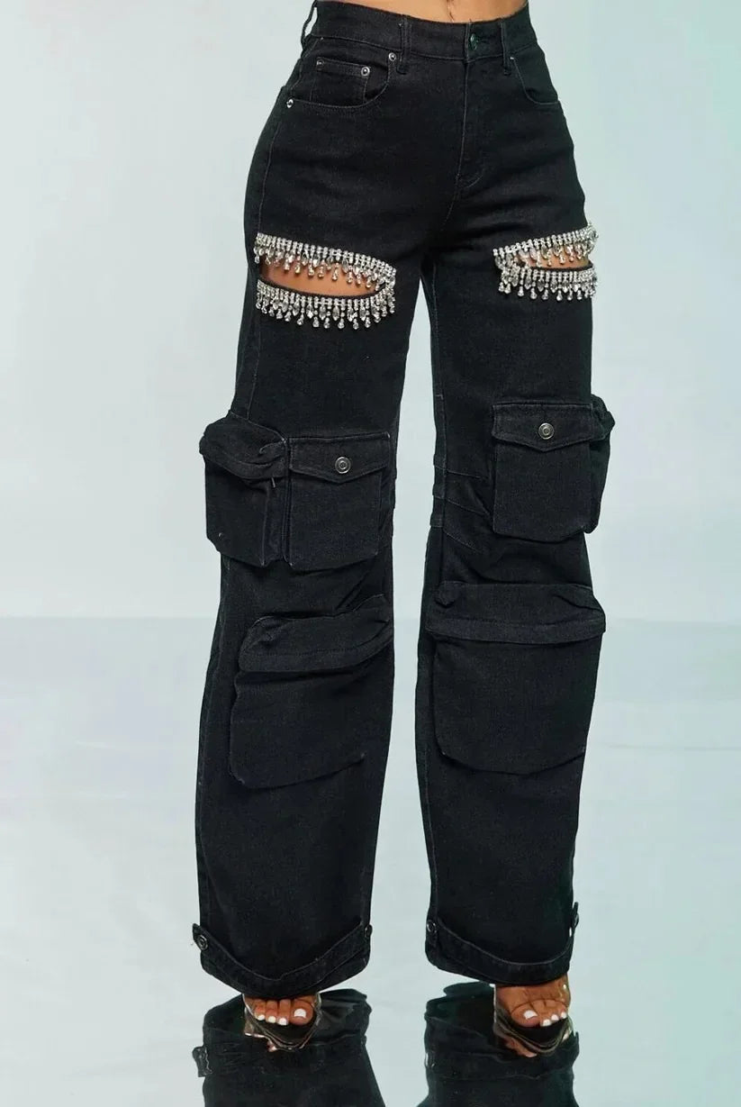 Women Cutout Diamonds Crystal Hollow Out Straight Denim Pants 2024 Fall Multi Pocket High Waist Wide Leg Jeans Trousers