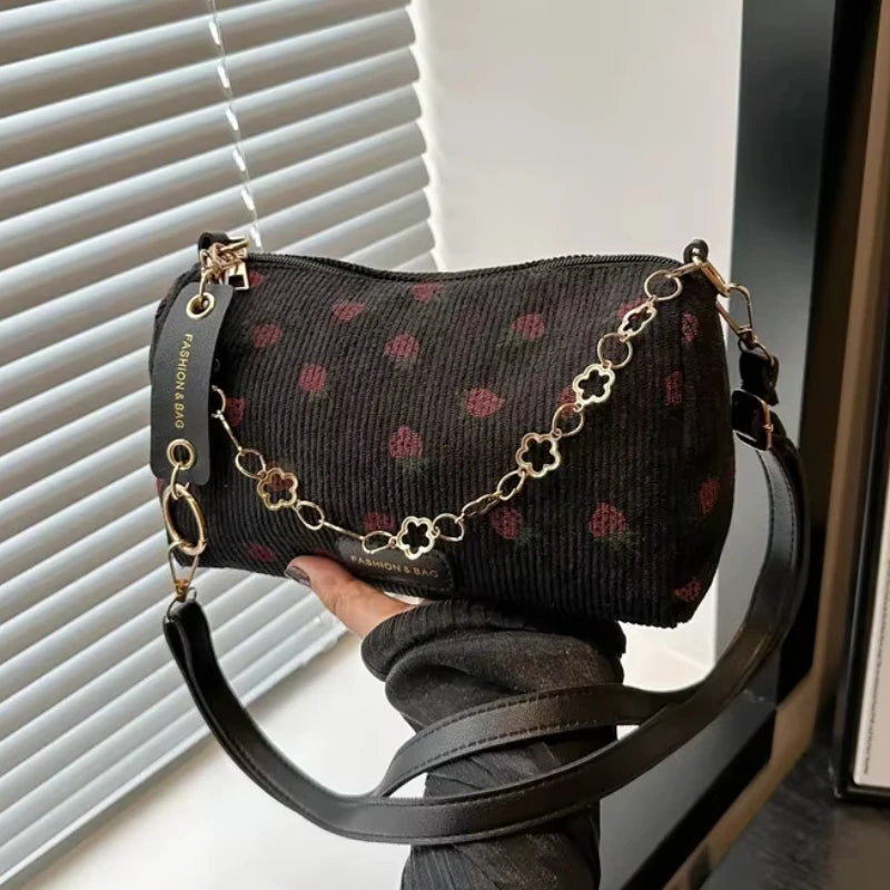 Women Small Underarm Bag Corduroy Handbag Cute Strawberry Print Little Tote Half Moon Design Eco Cloth Purse Mini Shoulder Bags