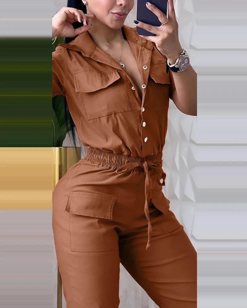 Sexy Elegant New Fashion 2024 Summer Casual Female Clothing Outfits Solid Color Short Sleeved High Waisted Workwear Jumpsuit