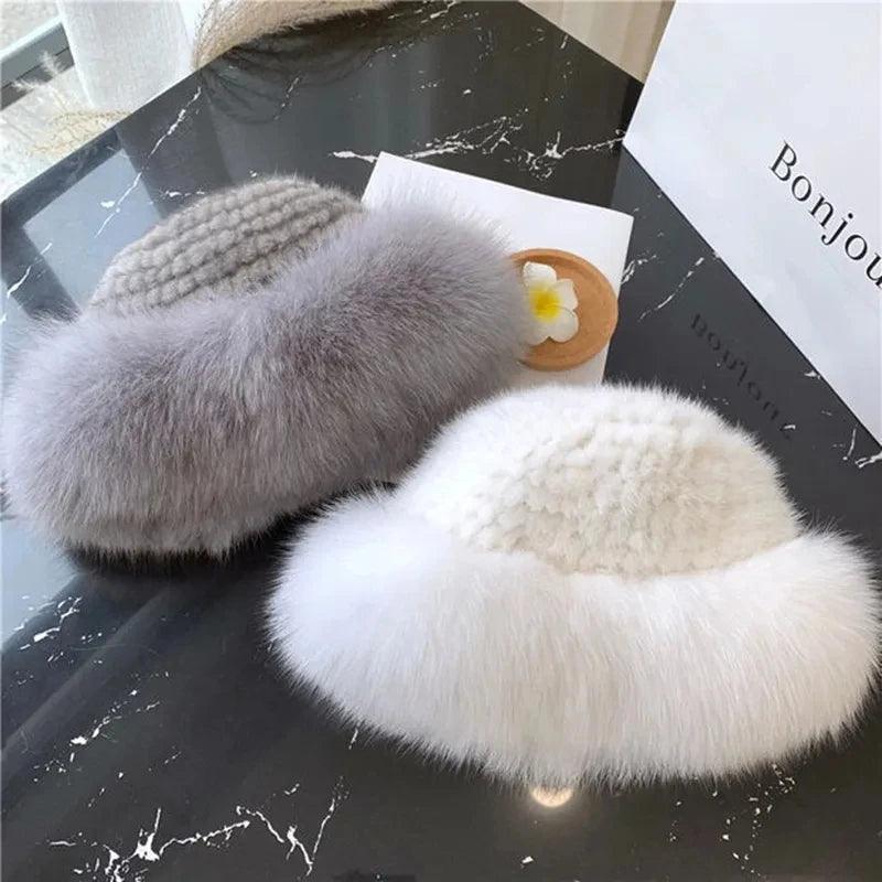 New Genuine Real Natural Knitted Mink Fur Hat Cap Luxury Women Handmade Knit Fashion Winter Headwear Warm Real Fox Fur Beanies - IM PERKY Boutique