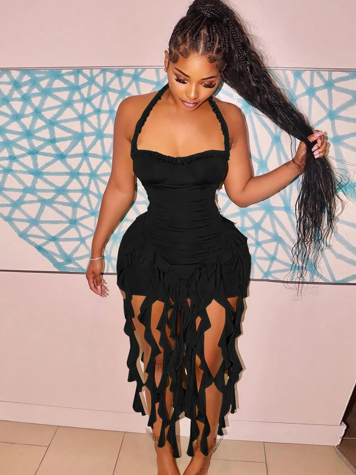 Hugcitar Elegant Halter Solid Ruffles Dress